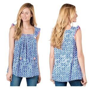 Matilda Jane Women’s Wandering Waters Blue & White Smocked Shirt‎ Tank Small